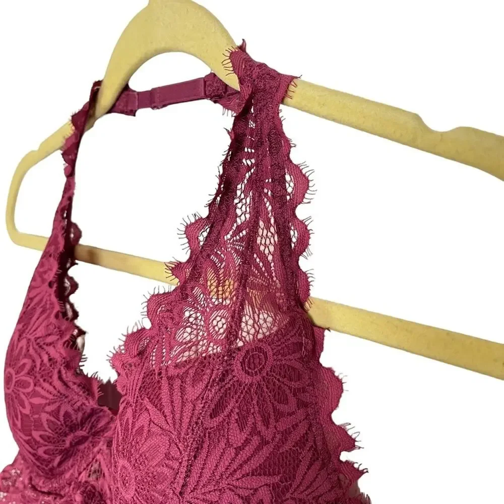 VICTORIA'S SECRET Pink Lace Floral Halter Lightly Lined BRALETTE Bra Underwire S